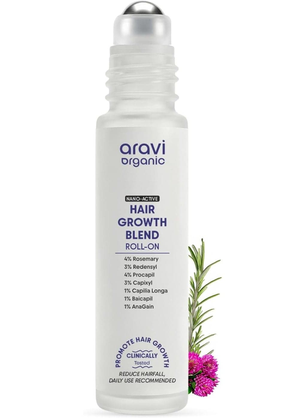 Aravi Organic Nano Active Hair Growth Serum Roll On | Clinically Tested | Hair Growth & Hair Fall Control Serum | 4% Rosemary & 3% Redensyl | Boosts Hair Density, Thickness & New Regrowth | Unisex