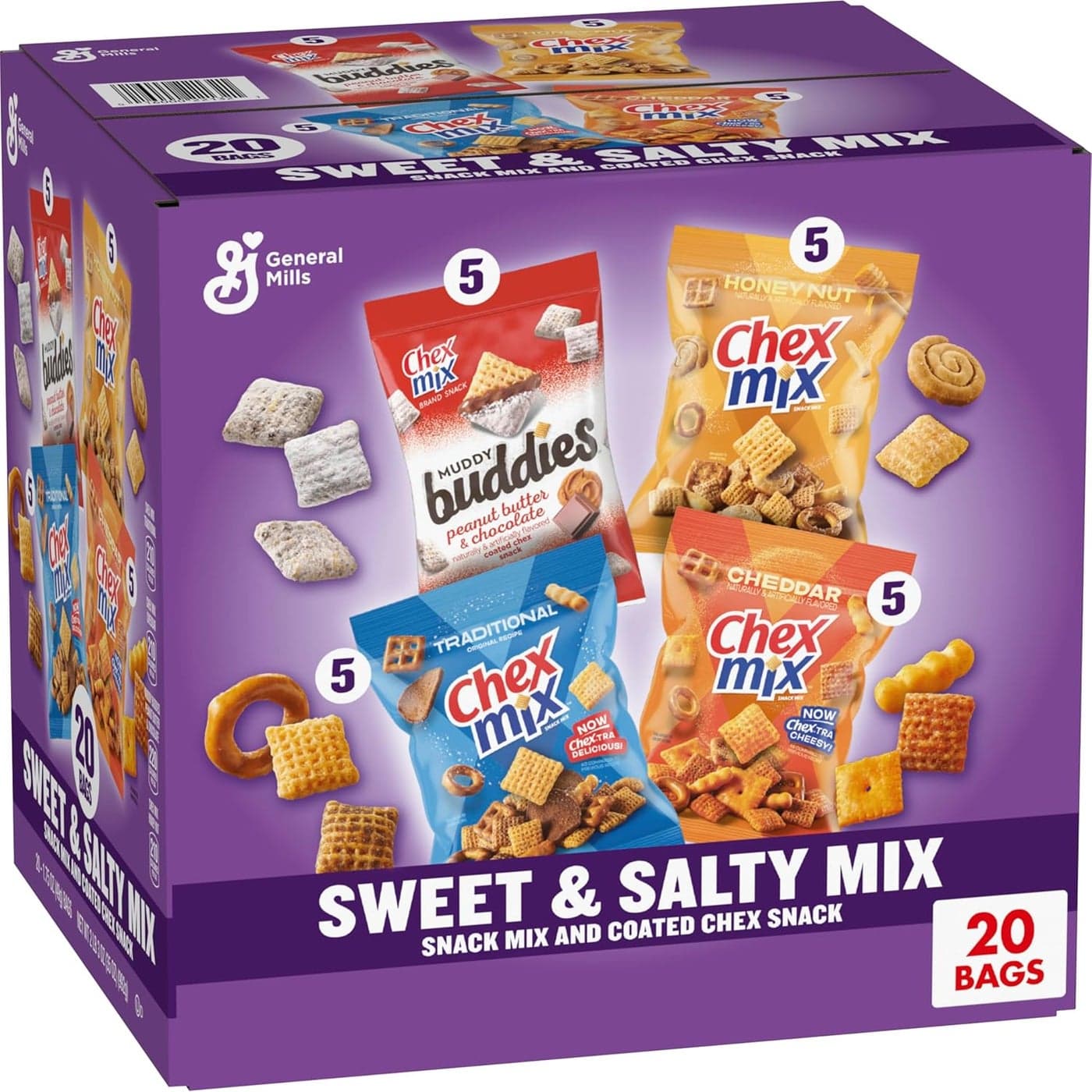 Sweet & Salty Snack Variety Pack - Muddy Buddies Peanut Butter & Chocolate, Chex Mix Traditional, Cheddar & Honey Nut - 35 oz (20 Bags)