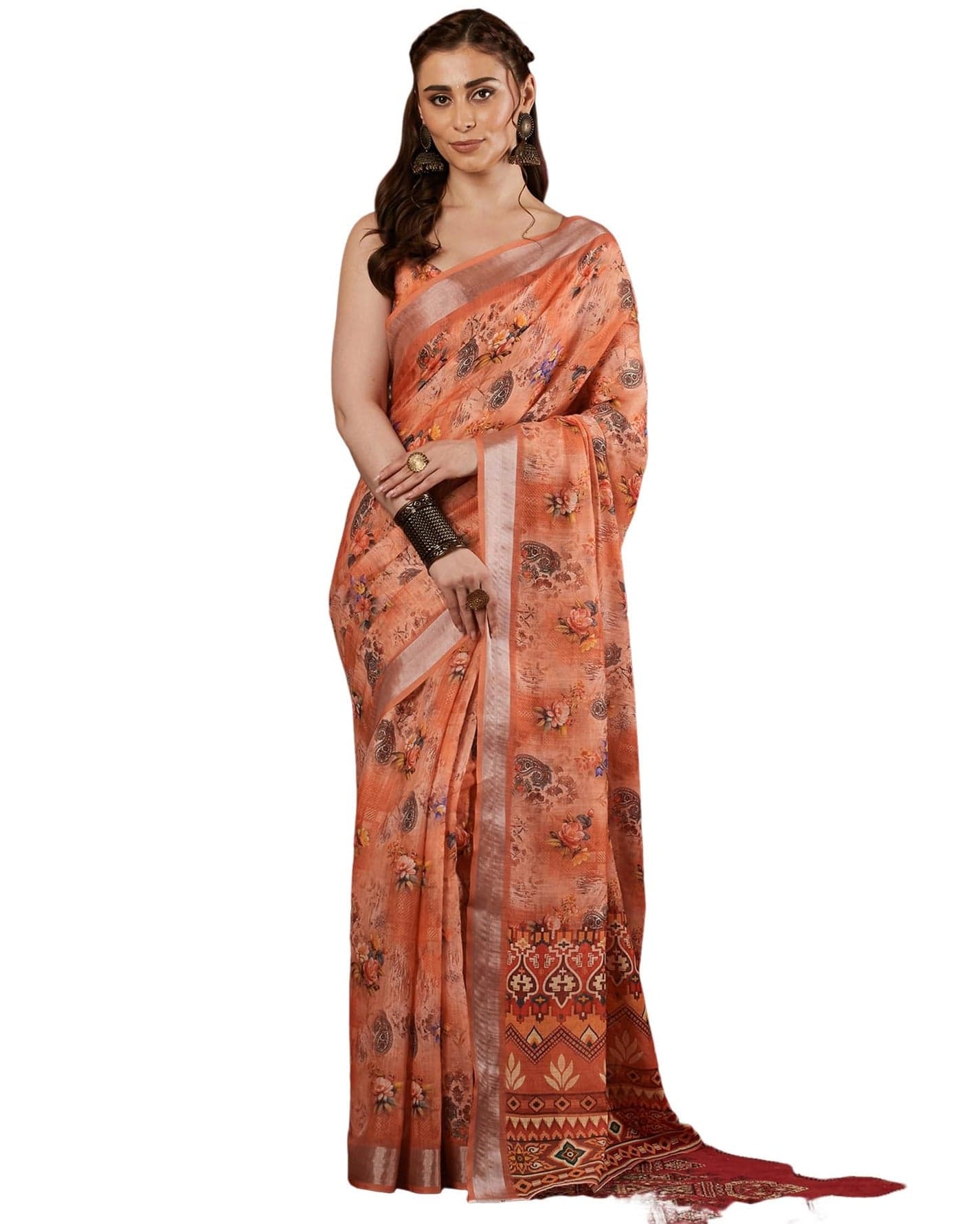 SIRIL Women's Cotton Linen Printed Saree with Unstitched Blouse Piece (4403S383_Peach)