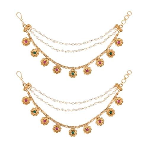 I Jewels Gold Plated Traditional Flower Pearl Layered Hair Chain/Ear chain Accessories with Hook for Women (E3214QG)