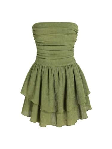 CIDER Women's Summer Cocktail Dress - Tube Ruched Ruffle Mini Dress: Green, S