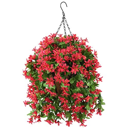 INQCMY Artificial Fake Hanging Plants Flowers Basket for Spring Summer Outdoor Outside Porch DecorationUV Resistant Faux Silk Violet in Planter for Home Patio Balcony Garden Yard DecorRed