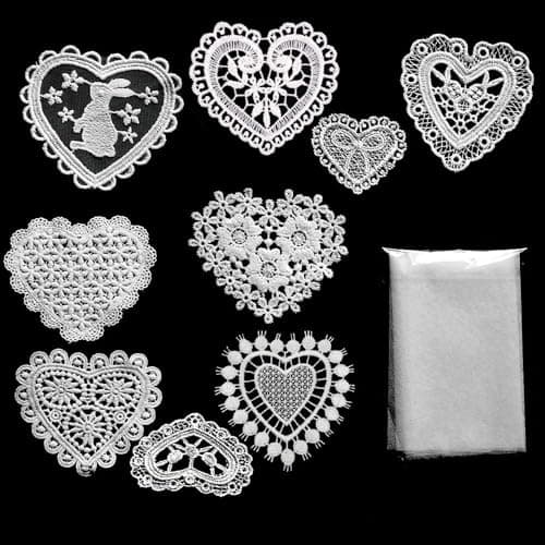 Youmeizer 9pcs Heart Shapes Lace Applique Embroidery Organza Patches DIY Sewing Craft for Decoration Repairing and Decorating White