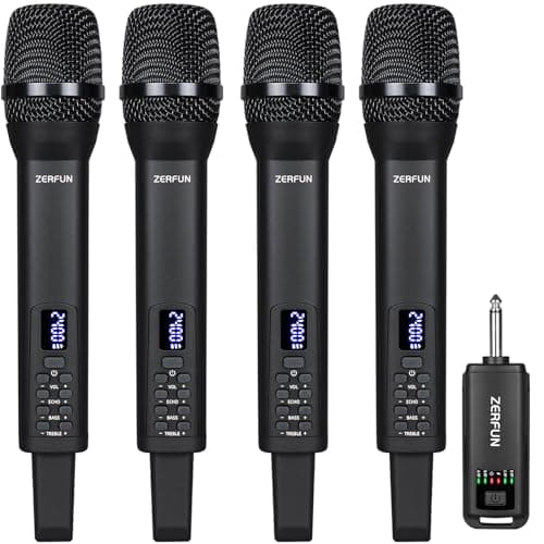 ZERFUN Rechargeable Wireless Microphones 4, Pro Handheld Cordless Mics System Dynamic with Echo Treble BASS VOL Control for Karaoke Singing Church Party, 1/4'' Output, D240, Black