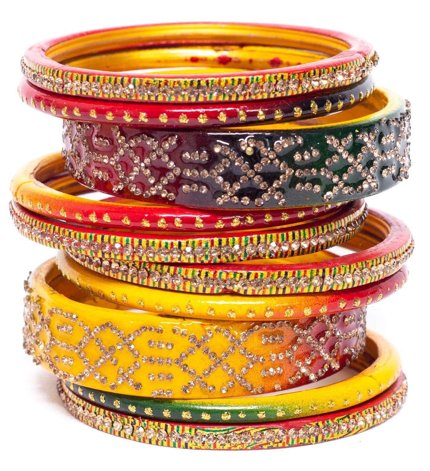 Swara Creations Lah/Lac bangles red,yellow and green color Set, LAHTHI Churi with Zirconic/stone work for Women and Girls(10pcs)(Style 1)