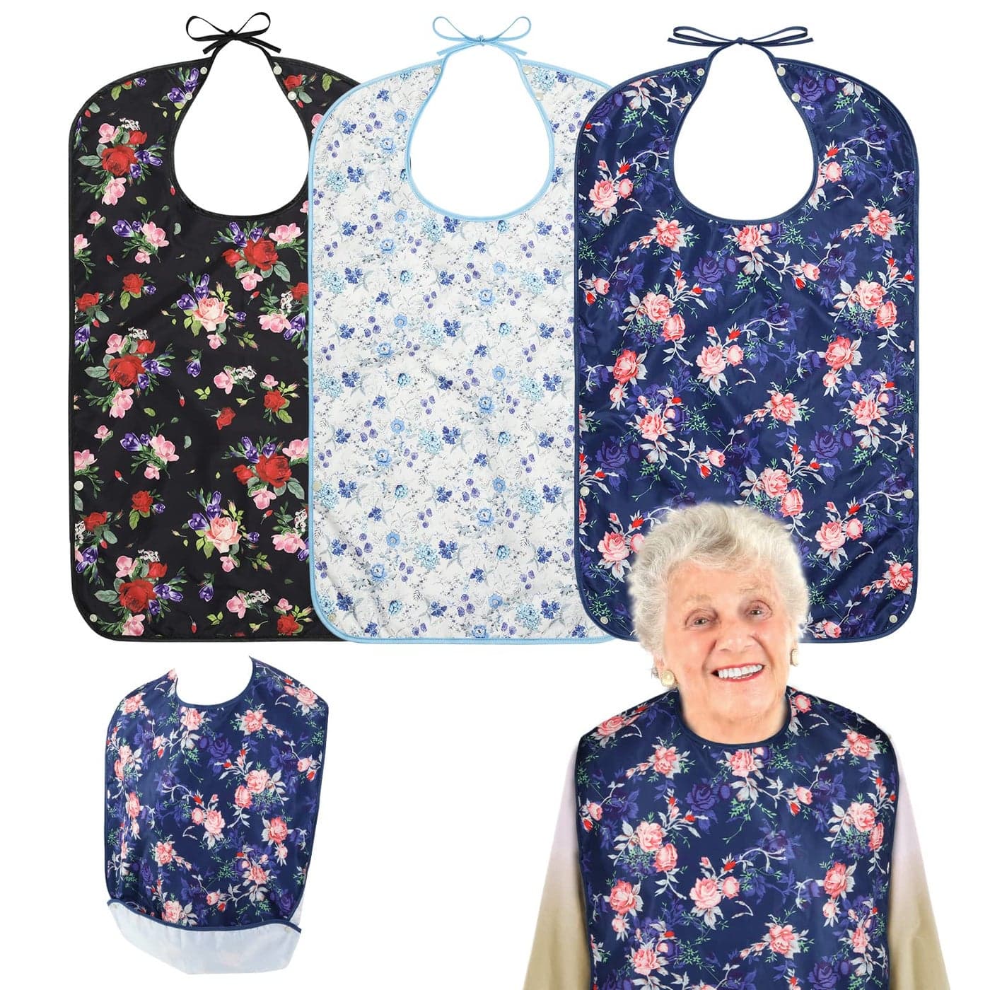 Roylvan Adult Bibs 3 Pcs Washable Clothing Protector with Crumb Catcher for Eating Reusable Waterproof Large Feeding Adult Bibs for Women Elderly Senior BlueWhiteBlack