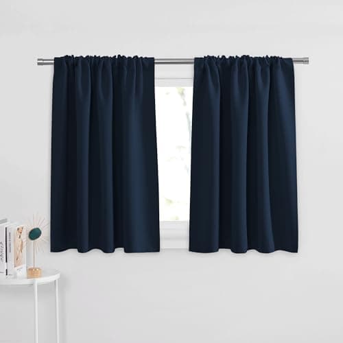 PONY DANCE Short Curtains for Kitchen Home Decor Rod Pocket Thermal Insulated Window Treatments Light Block Panels for Bathroom 42 W x 36 L Navy Blue Set of 2