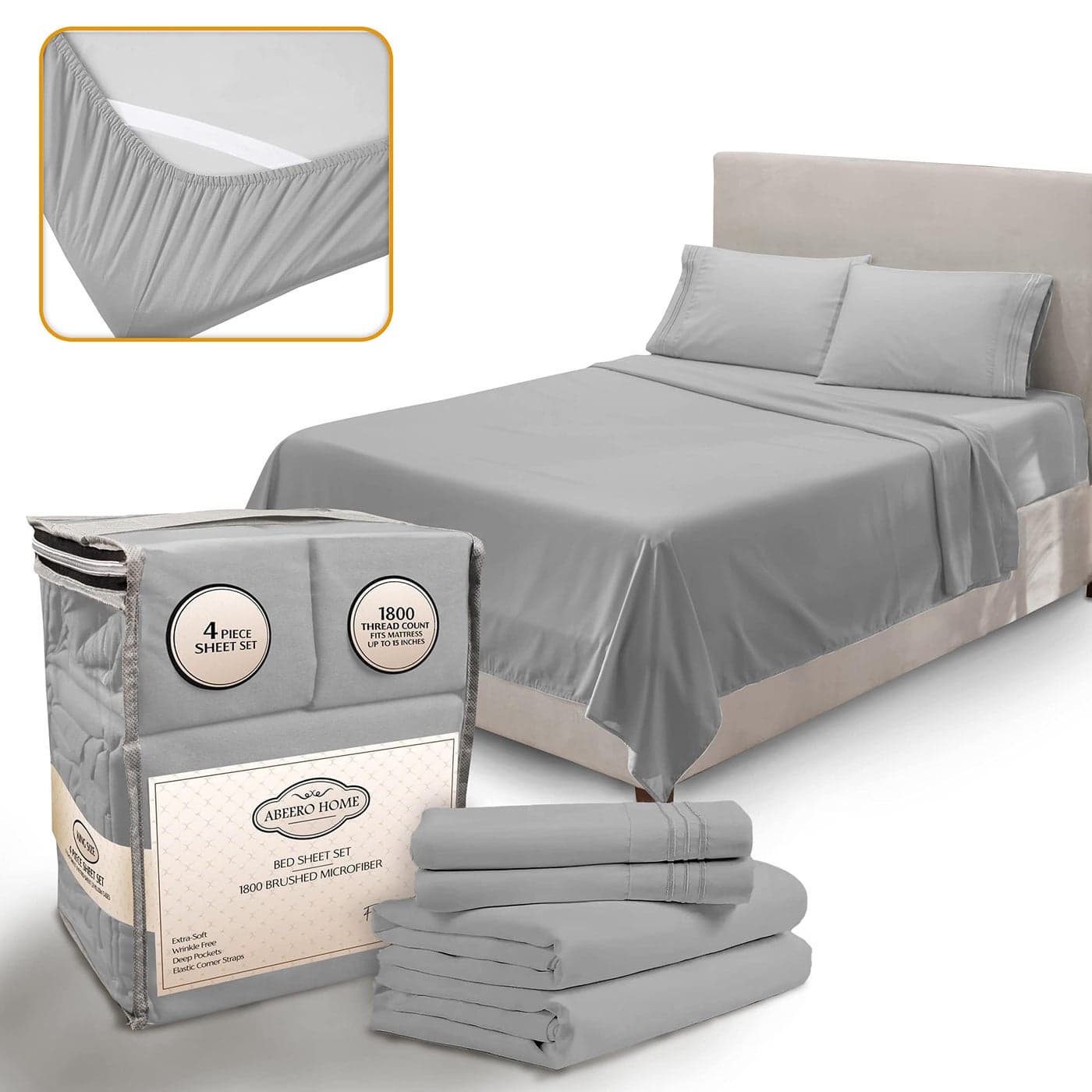 Abeero Home Queen Sheet Set Luxury Hotel Bed Sheets Soft Cooling Sheets with Elastic Corner Straps Deep Pocket Microfiber Bedsheet Bedding Sheets Pillowcases 4 PC Queen Size Light Gray