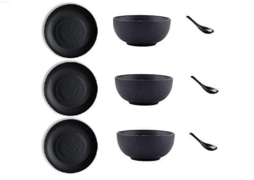 TDS Unbreakable Melamine Solid Soup Bowls with Spoon (Set of 3+3+3, Black)