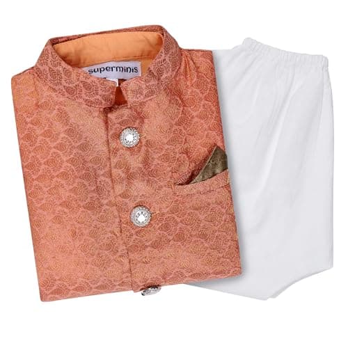 superminis Boy's Cottton Kurta With Golden Thread Work Nehru Jacket and Elastic Closure Pyjama Set (2-3 Years, Orange)
