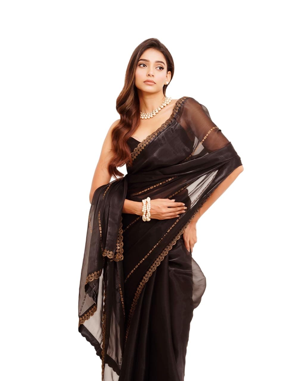ORHANS Embellished Organza Saree Fabric | Solid Black Art Silk Saree With Beads & Stones Festive & Wedding Saree