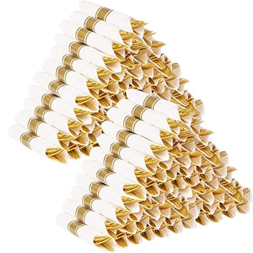 Pre Rolled Gold Plastic Cutlery Gold Disposable Plastic Silverware 100 Pack Wrapped Silverware Disposable Utensils with 100 Forks 100 Knives 100 Spoons 100 Dinner Napkins for Party