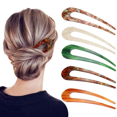 Melodio 5PCS French U-Shaped Hair Pins for Women, Tortoise Shell Hair Forks for Thick Hair, Elegant Bun & Updo Styling Accessories, Durable Plastic Hair Sticks