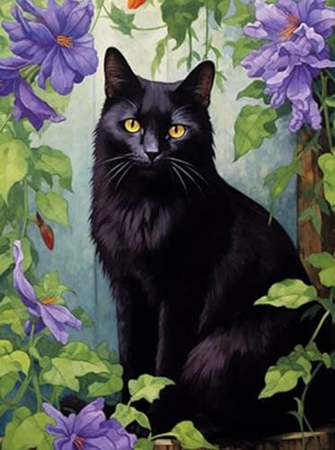 MaiYiYi Black Cat Diamond Painting by Numbers 5D Full Round Drill Pet Cat Diamond Painting Cross Stitch Kit Flower Cat Diamond Dots Art for Adult Beginners Home Wall Art Decor 30X40 CM