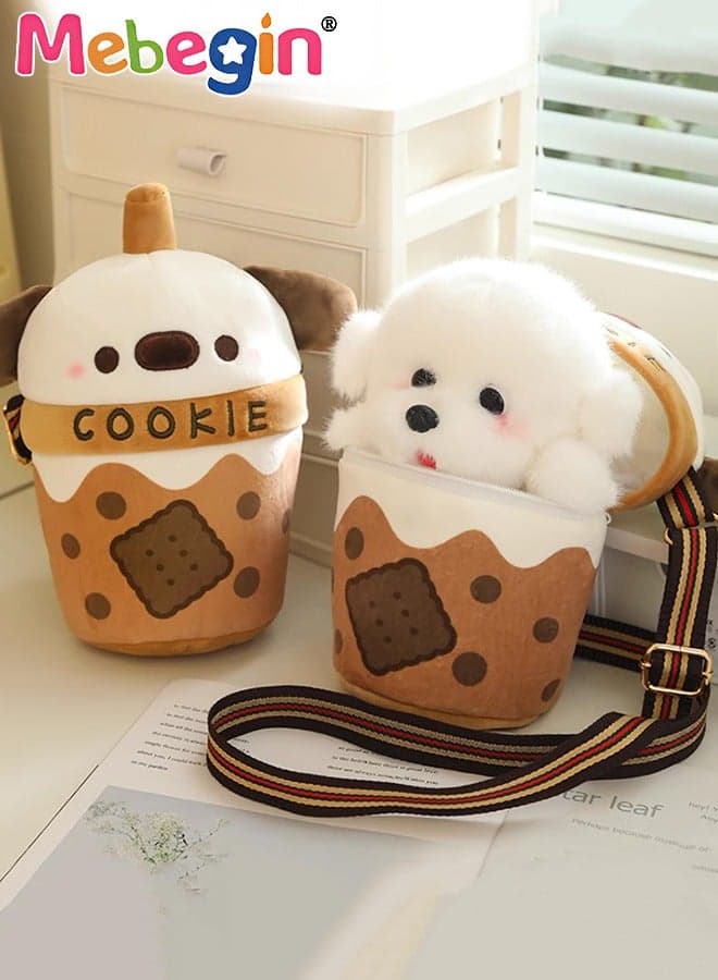 Premium Plush Puppy with Backpack, Adorable Crossbody Bag with Adjustable Strap and Zipper Closure, Kids Messenger Bag and Plush Puppie, Mini Shoulder Bag, Fluffy Doll Bag, Carry-on Bag for Small Items, Ideal Gift for Girls
