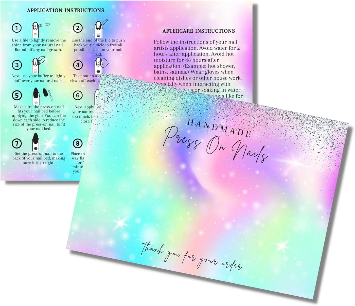 Handmade Press On Nails Display Card | 5x7” 30 pk w/Application Aftercare Instructions - Inserts Add to A Holographic Bags & Can Use with Double Sided Tape