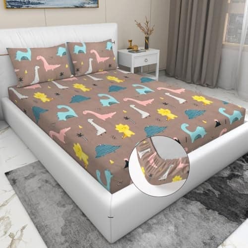 RD TREND Waterproof Elastic Fitted Bedsheet, Queen Size 78x60x8 Inch, with 2 Waterproof Pillow Covers 18x28 Inch, Washable, Wrinkle Resistant Multi Dinosaur