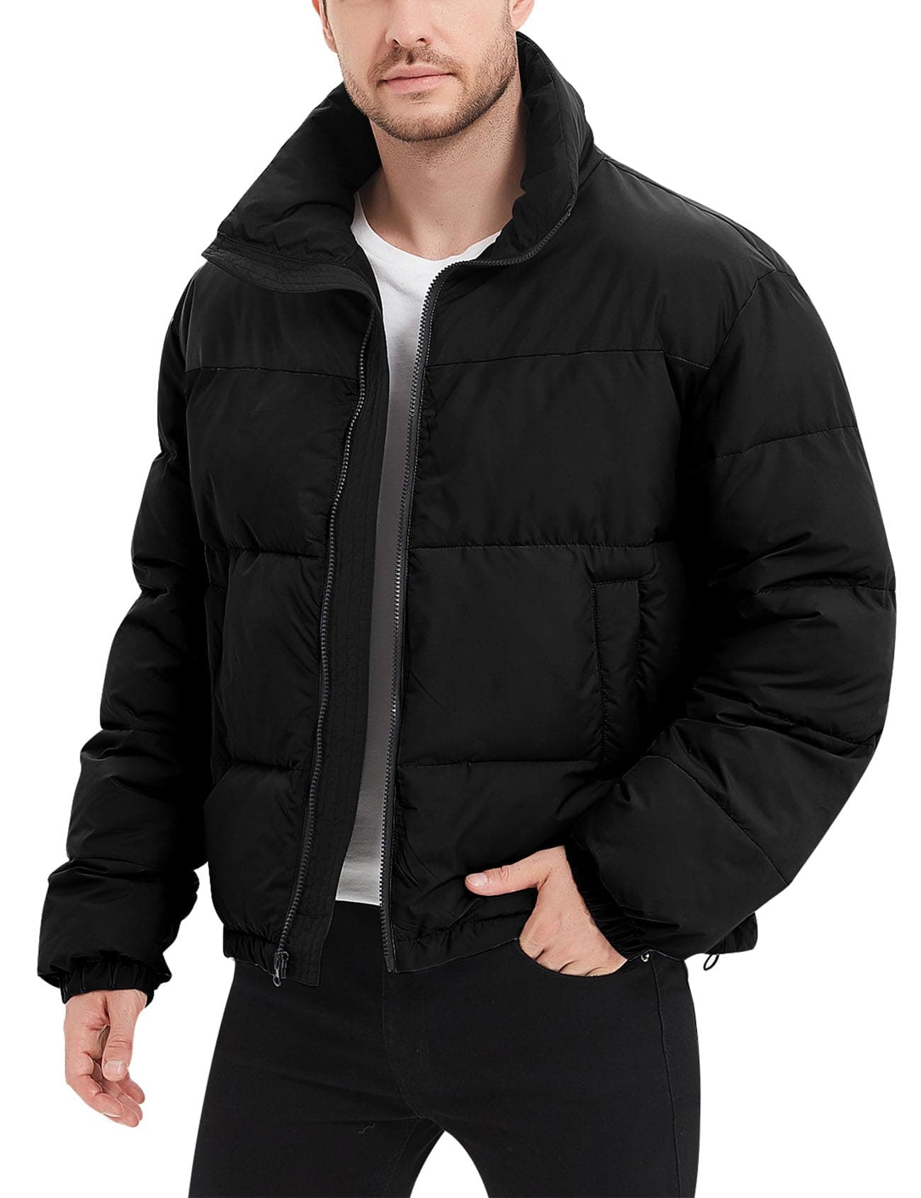 Flygo Men Puffer Jacket Winter Coats Water Resistant Long Sleeve Zip Up Lightweight Quilted Down JacketsBlackM