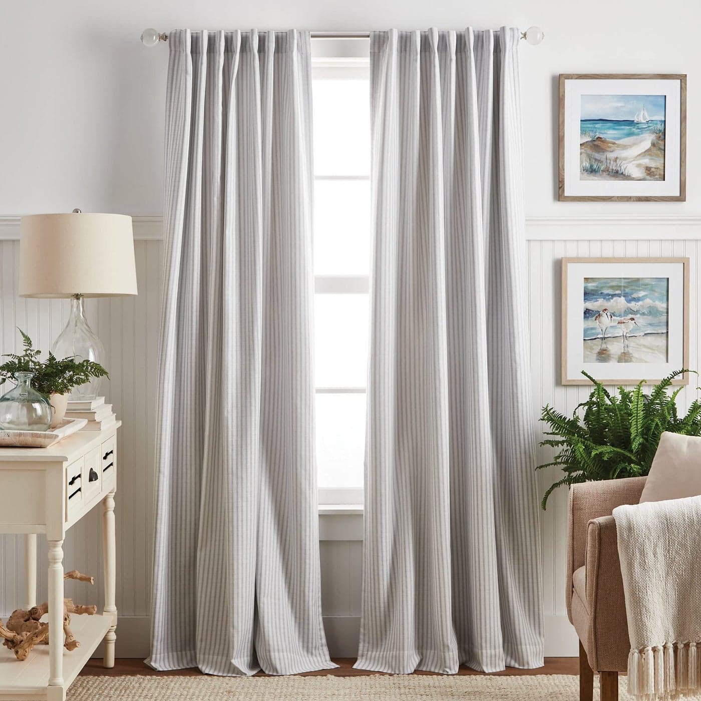 Martha Stewart Ticking Stripe Blackout Lining Rod PocketBack Tab Window Curtain Panel Pair 95 WhiteGrey
