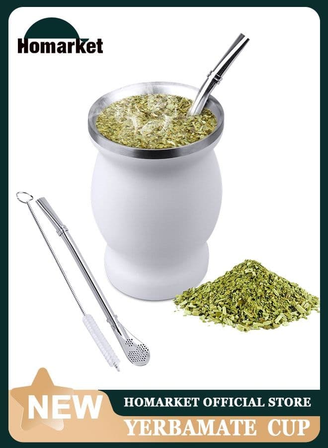 Yerba Mate Tea Cup, Stainless Steel Double Walled Easy Wash Household Insulation Cup, Mate Gourds for Yerba Mate Loose Leaf Drinking with Bombilla Straw, White 230ML