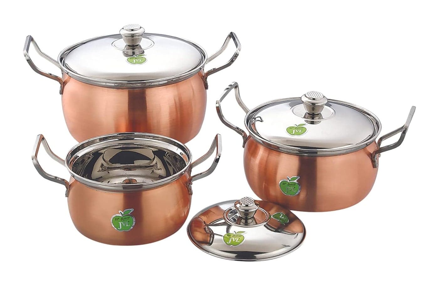 JVL Stainless Steel Full Copper Cooking PotHandi with Lid Handle Set 850 1300 2200 ml 3Piece Full Copper Handi Set for Cooking Handi Set for Kitchen