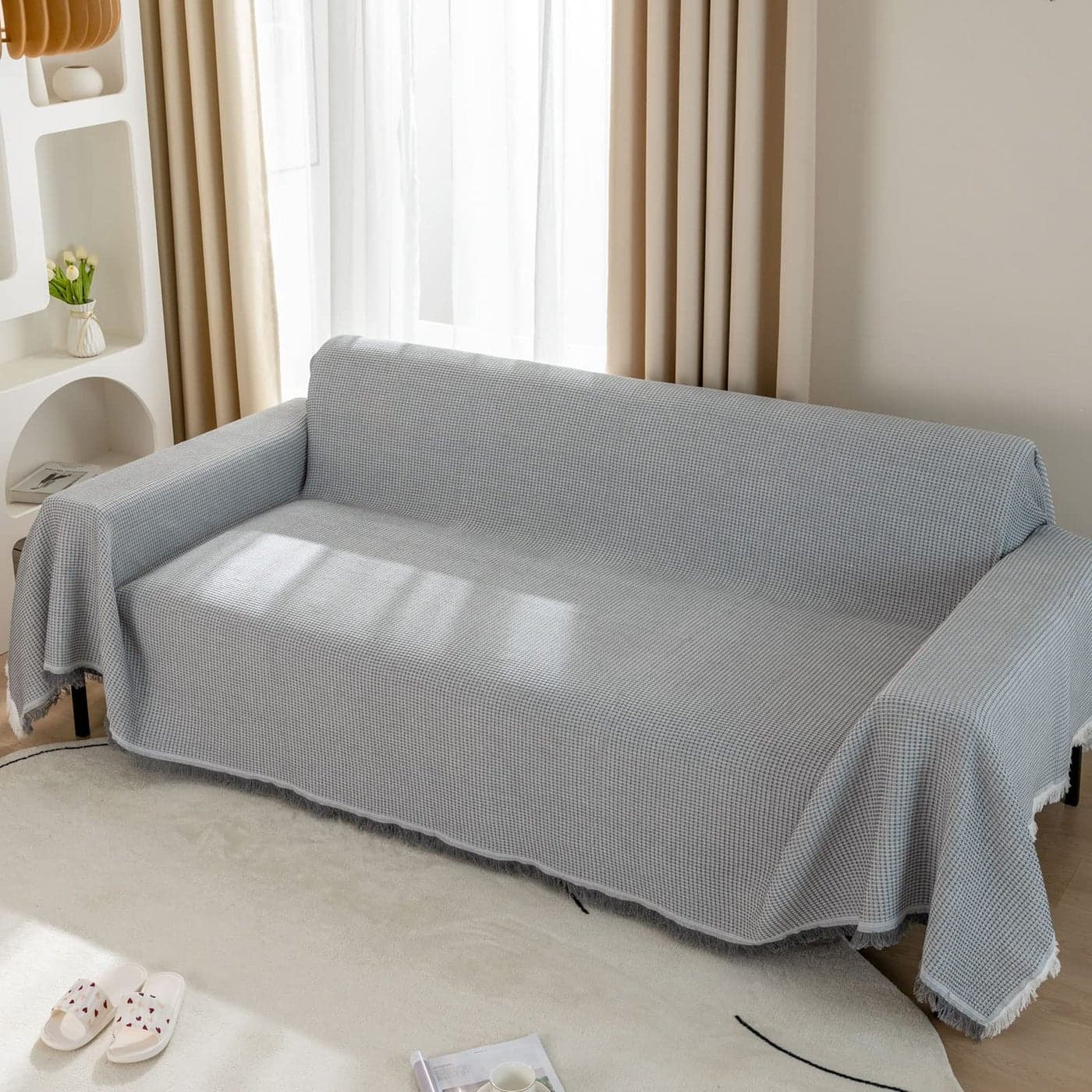 LHGOGO Sofa Throws Large 3 Seater Waffle Throws for Sofas Large Sofa Cover 3 Seater Reversible Cotton Throw Blanket with Tassels 180x300cm Light Grey