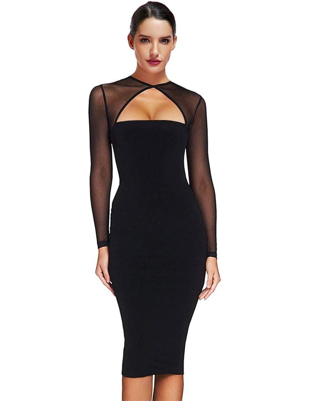Maketina Women Midi Length Cut Out Keyhole Party Bodycon Bandage Dress with Transparent Long Sleeves Black L