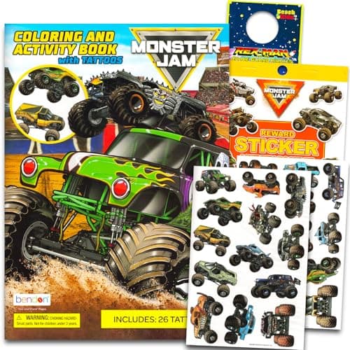 Bendon Monster Jam Coloring Book and Activity Set for Kids 1 Coloring Book with Activities Games Stickers and RexMan Door Hanger