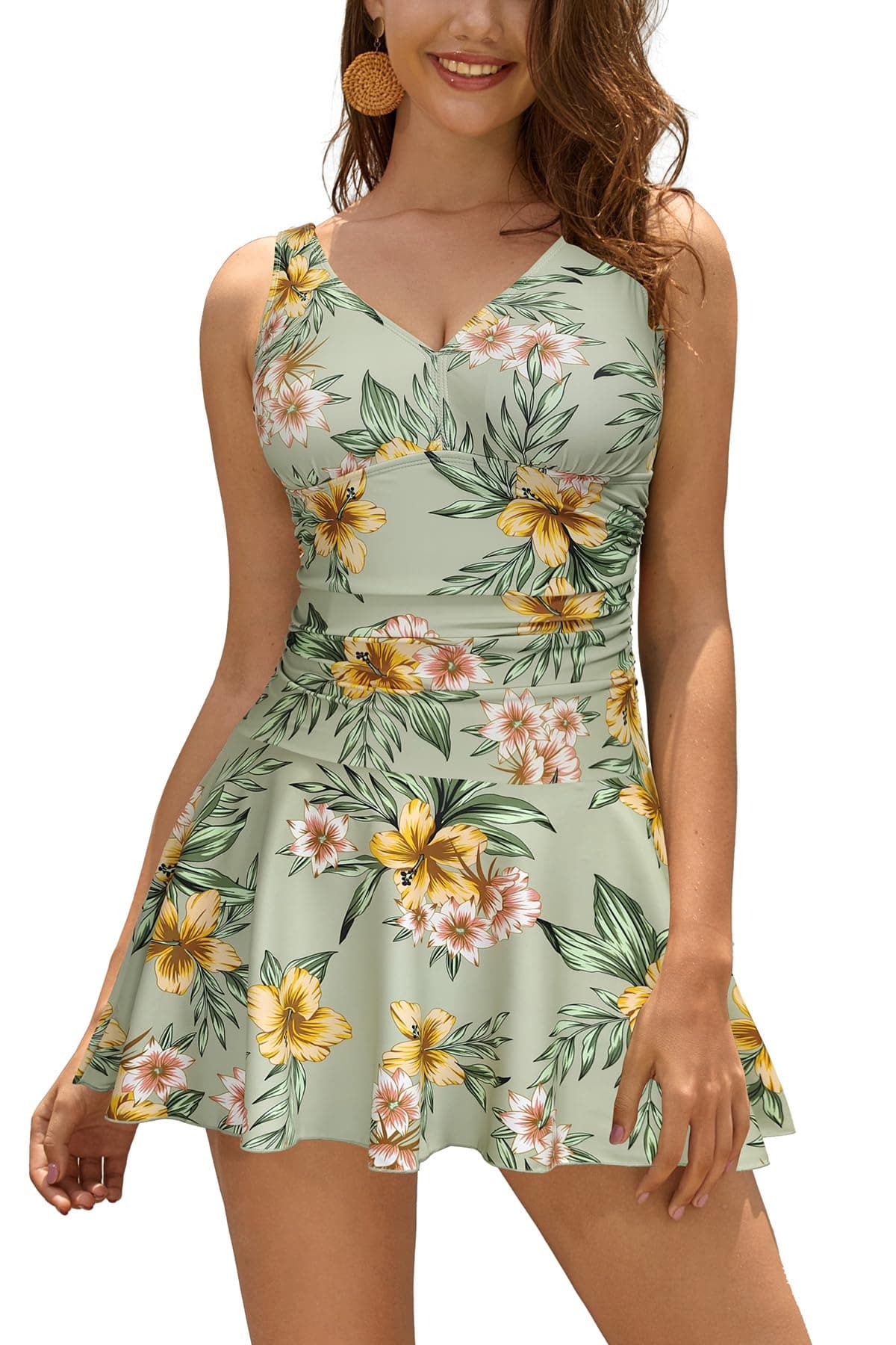 SHEKINI Women's V Neck One Piece Skirt Swimsuit Ruched Retro Swimdress Bathing Suit (Light Green - Flower, Large)