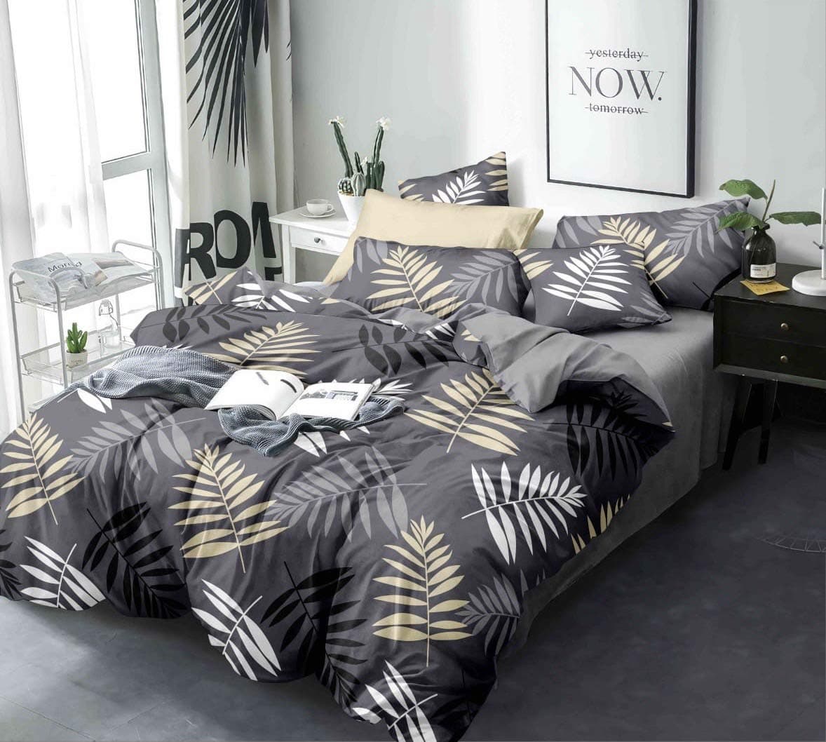 Furnistitchs Glace Cotton Double Size Duvet Cover Quilt Cover Razai Cover 90x100 inches, Grey Leaf