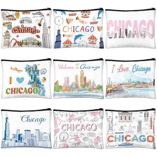 Reginary 9 Pcs City Cosmetic Bag USA City Souvenir Gifts Texas Makeup Bag Chicago Texas Florida Souvenirs Makeup Purse for Women Girls Traveler Birthday Christmas FavorsChicago