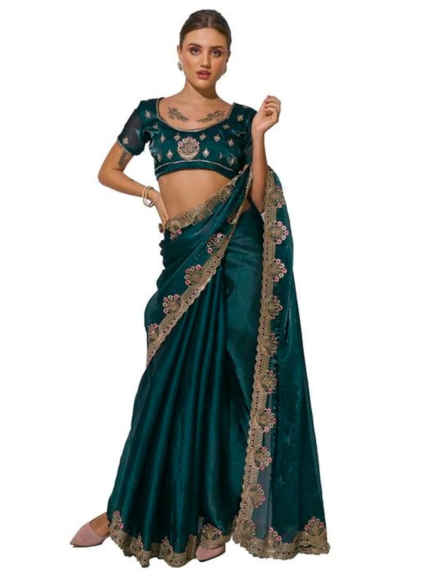 ORHANS Women's Organza All Over Fix Diamond And Embroidered Work Saree With Art Silk Embroidered Work Matching Unstitched Blouse Piece