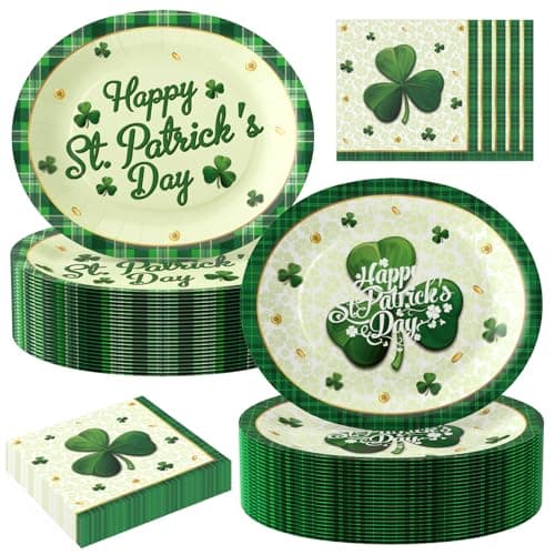 SUIGREOY 100Pcs St. Patrick's Oval Paper Plates and Napkins Set, 10" x 12" Large Disposable Dinner Plates for St. Patrick's Theme Party Supplies