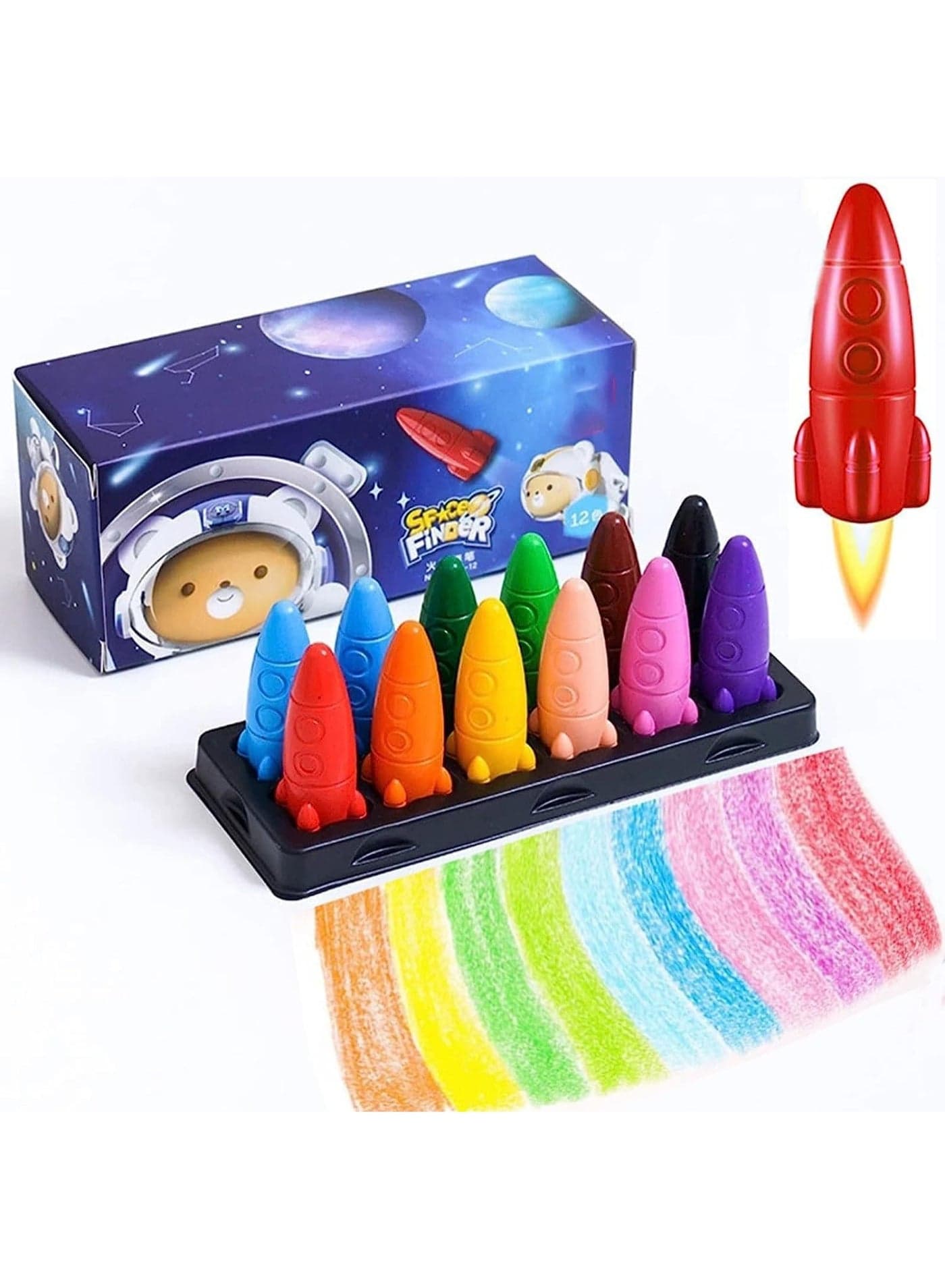 12 Colors Space Rocket Crayon, Non Toxic Crayons for Kids, Easy to Grip Washable Kids Crayons, Safe Colouring Art School Supplies Gift Set, Drop Resistant, for Babies and Children