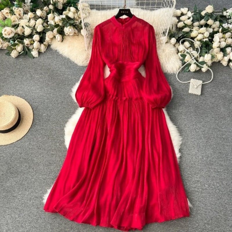 Z New Korean Style Lantern Long-Sleeved Vertical Collar Tight Waist Slimming Pleated A- Shaped Sequin Dress Seaside Holiday Long Skirt