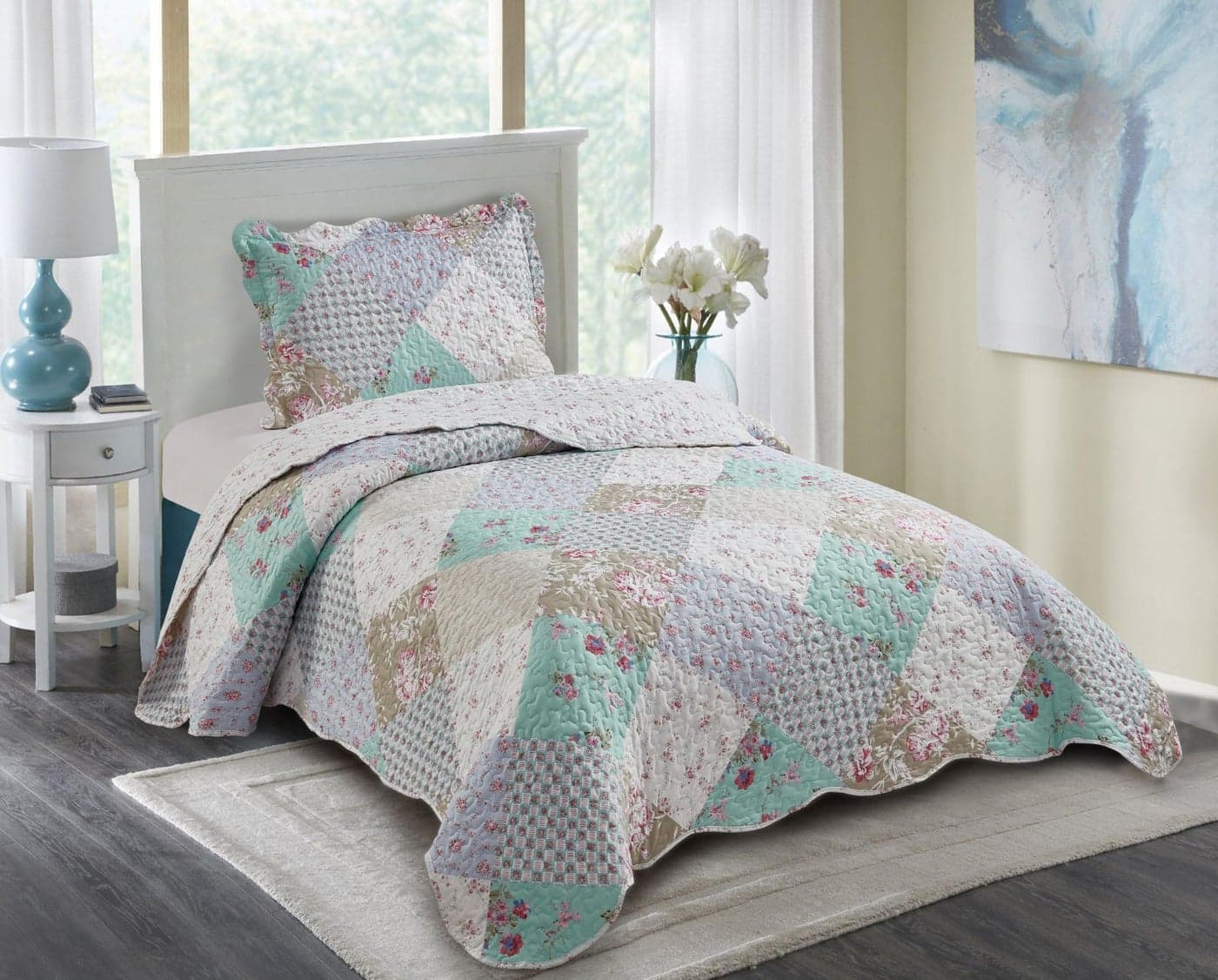 Brilliant Sunshine Blue and Green Rose Patchwork 2Piece Quilt Set with 1 Sham Reversible Bedspread Soft Lightweight Coverlet AllSeason Twin Blue Green