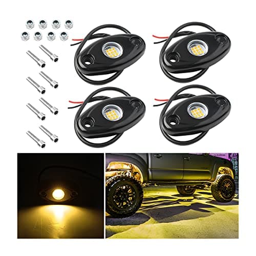 Rock Lights for Trucks, 4 Pods LED Rock Lights, IP67 Waterproof Neon Rock Lights Kits for Pickup ATV Off Road SUV, High Brightness Multifunction Underglow Lighting Glow Trail Rig Lamp (Yellow)