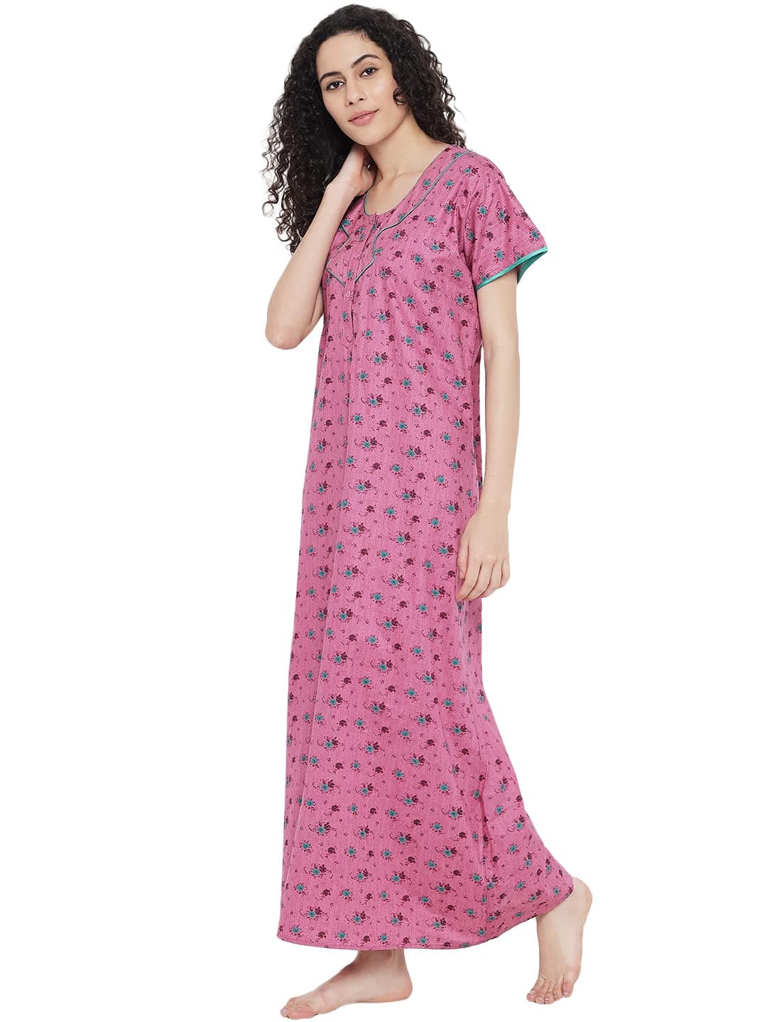 G4Girl Women's Cotton Geometric Print Maxi Nighty (night gown_Pink_Free Size)