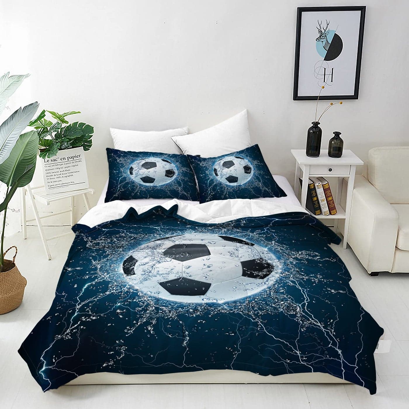 ANHOPE Football Duvet Cover Set Soft Lightweight 3 Piece Bedding Set with 2 Pillowcase Sports Theme Ball Soccer Print Pattern Kids Boys Girls Teens Men Quilt Cover with Zipper Single Size 135 x 200 cm