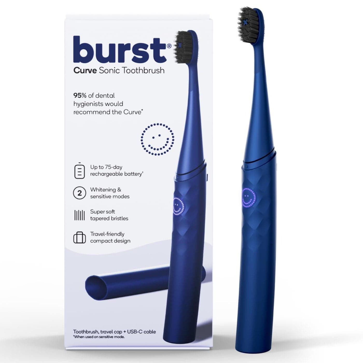 Burst Curve Sonic Electric Toothbrush for Adults Cobalt Blue Slim Travel Brush with Cover Ultra Soft Bristles Up to 2 Month Rechargeable Battery Two Modes Timer