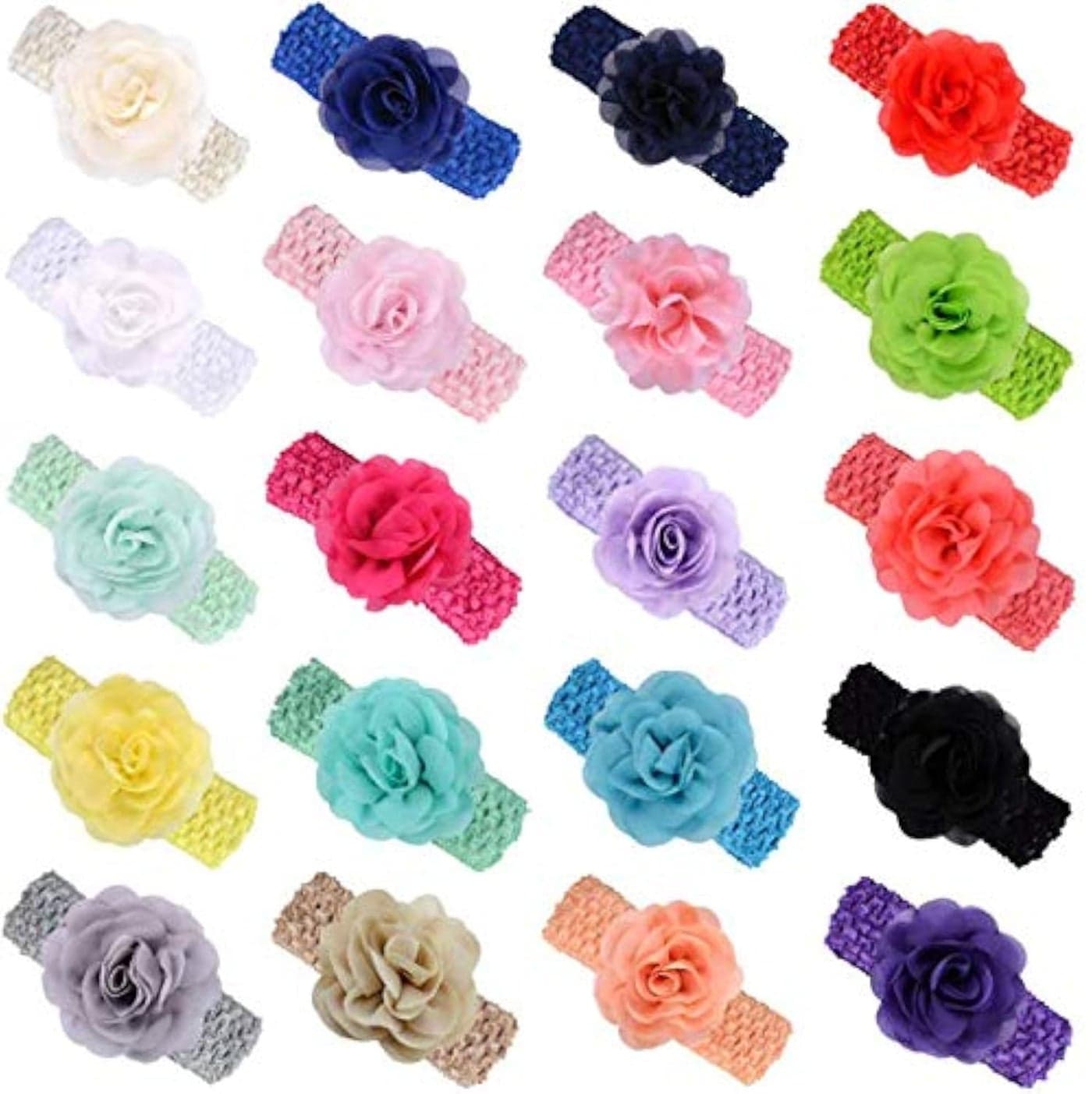 KW Collection Girl Baby Hairband with Chiffon Rose Flower 20 Colors 1 Pcs per color Elastic Crochet Headband for Baby Womens Hair Accessory