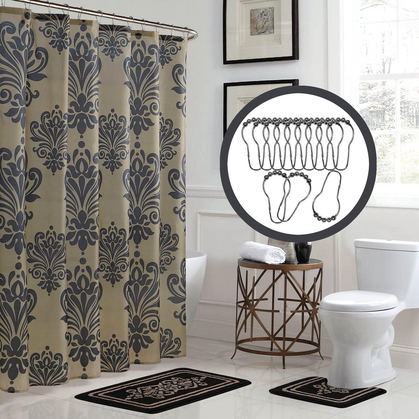 Creative Home Ideas 15Piece Bathroom Shower Curtain Set Set of 1 Shower Curtain 12 Metal Hooks 1 Bath Mat 1 Contour Mat Modern Bathroom Dcor Machine Washable Reverly BlackLinen