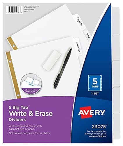 Avery Big Tab Write Erase Dividers for 3 Ring Binders 5Tab Sets 48 Binder Divider Sets 23075