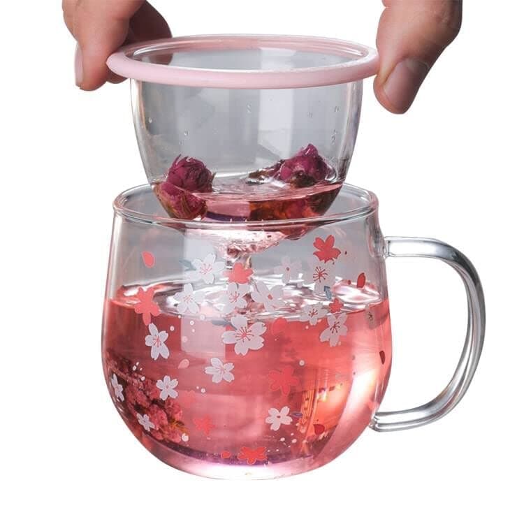 Jianghehaihai Sakura Glass Mug with Tea Infuser Filter and Lid Romantic Cherry Blossom Cup Tea Coffee Flower Tea Mug 300ml Gifts for Girls Women