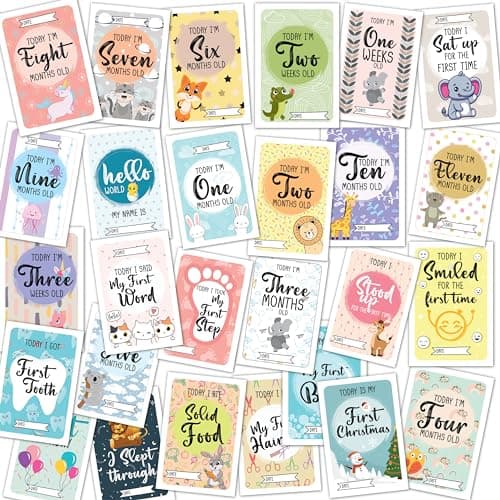 WOBBOX Baby Monthly Milestone Cards, Animal Different Pattern, Record 0-12 Months Growth Milestones Cards, Baby Shower Gift Scrapbook Photo Keepsake Monthly Age Markers Card - Set of 27 Pieces