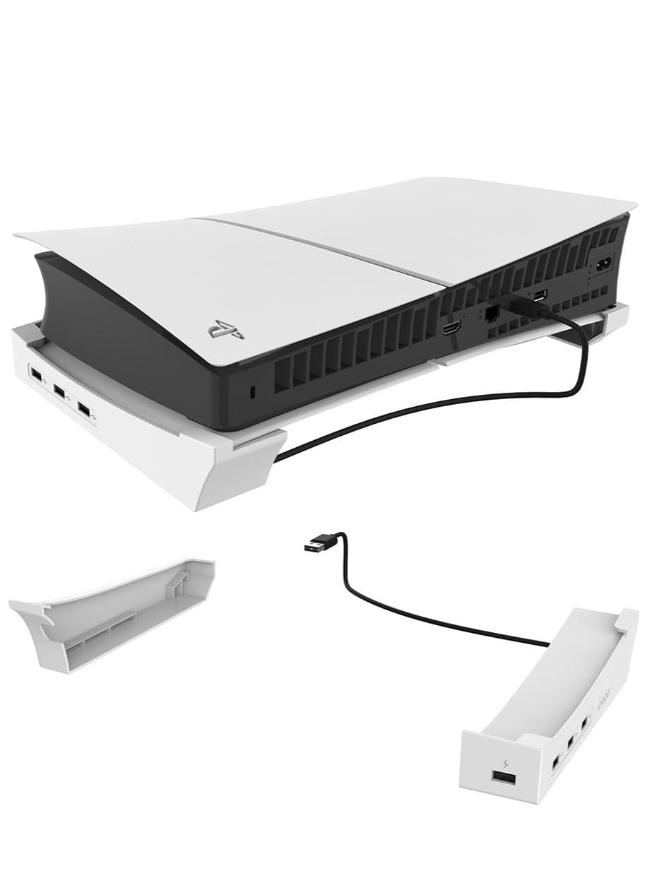 PS5 Slim Console with 4-Port USB Hub for Horizontal Stand Only , Base Stand Accessories for Playstation 5 Slim(Disc Digital Edition), Holder for PS5 Controller Charging(Not for Regular PS5)