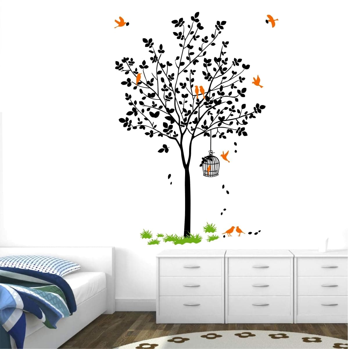 Decal O Decal PVC Black Tree with Birds Cage and Nest Self Adhesive Wall Sticker, 10 x 800 x 1100 Millimeters