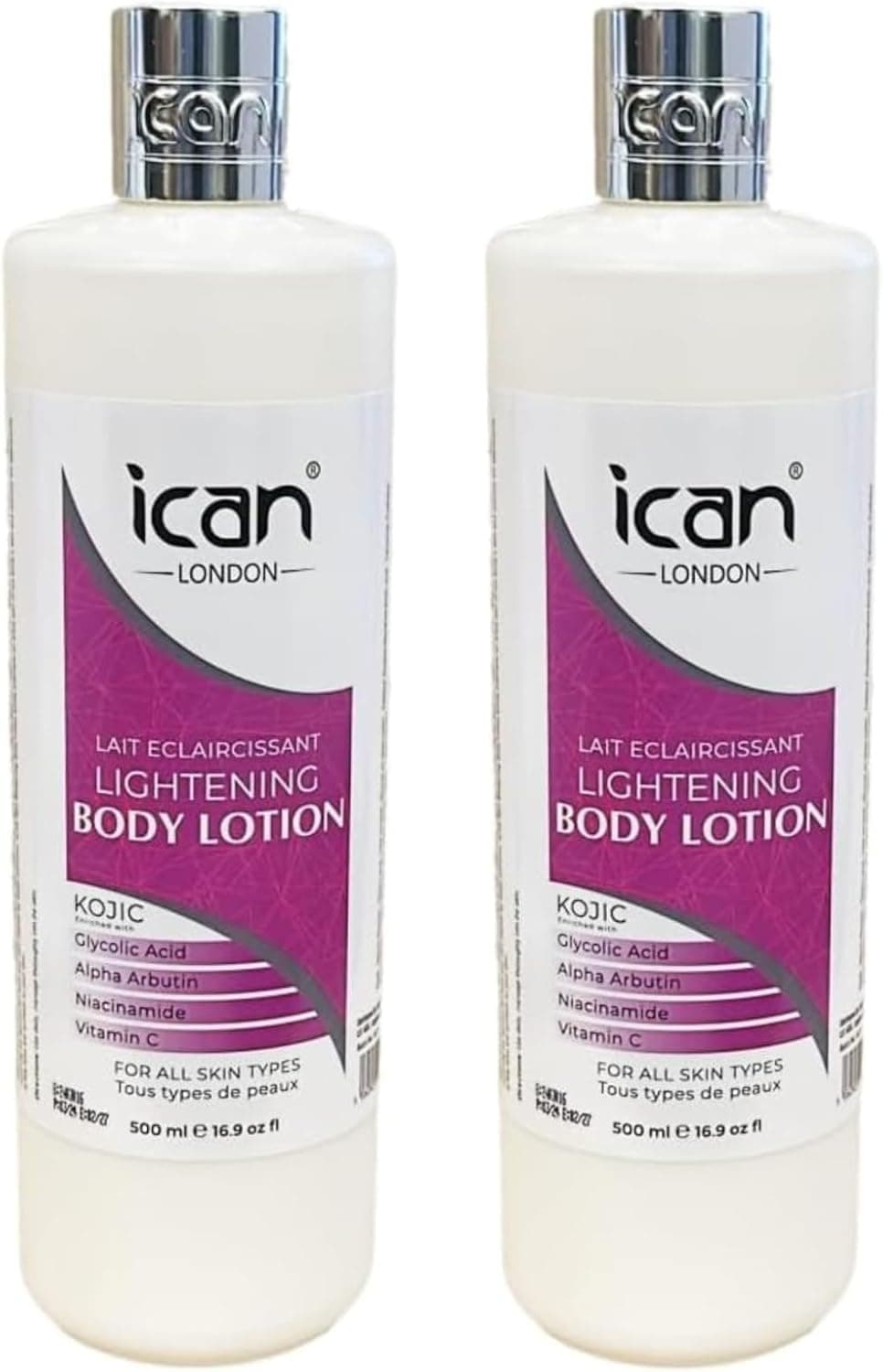 ICan London Kojic Lightening Body Lotion Glycolic Acid Niacinamide Vitamin C 2 x 500ml