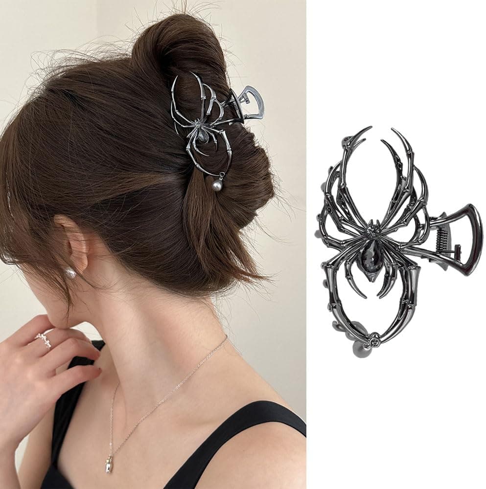 1 Pack Spider Hair Claw Clips For Women, Strong Hold Metal Hair Jaw Clips, Large Spider Pearl Exquisite Design Halloween Hair Barrette Clips For Costume Party Hair Decoration (Black Spider Pearl)