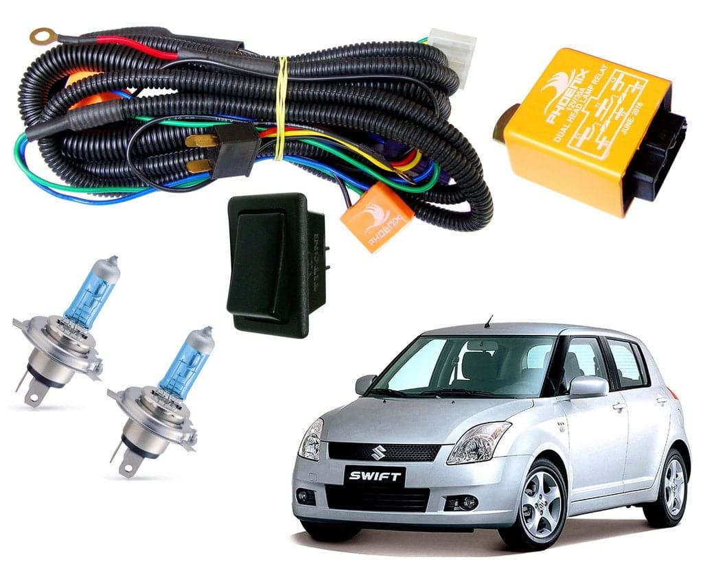 Auto Pearl - Phoenix HeadLamp High Power 100/90W & 130/100W Wiring Harness Kit with Relay, Switch & Halonix H4 12V 130/100W White Ultra Blue Halogen Bulb for - Swift Type -1